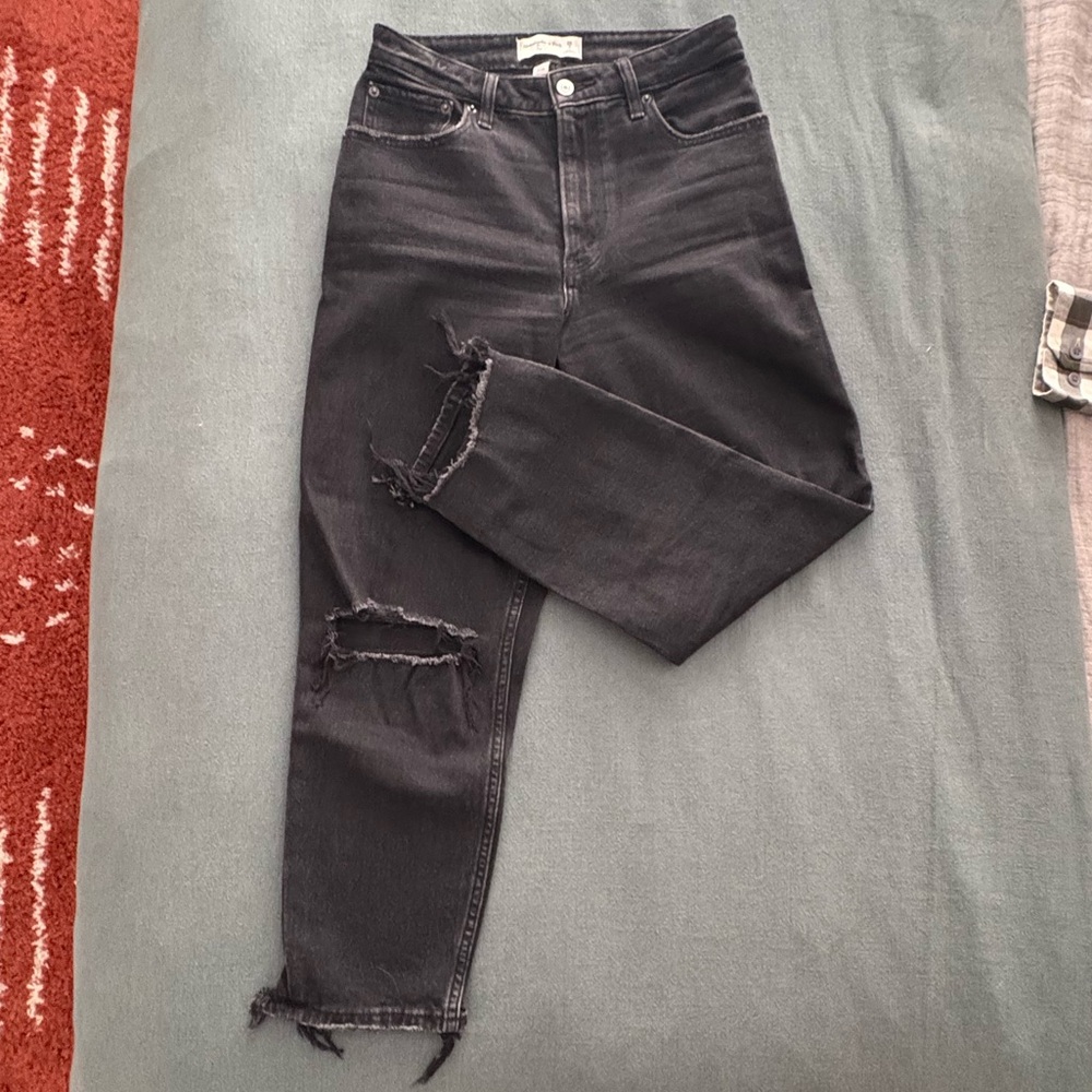 Abercrombie and Fitch Curve Love Mom High Rise Distressed Black Jeans